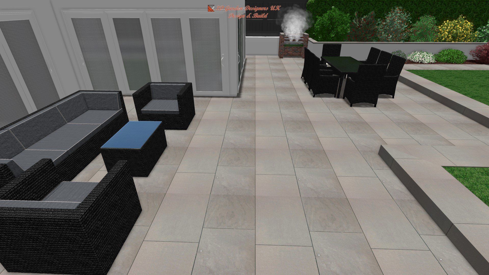 A computer generated image of a patio with furniture and a table.