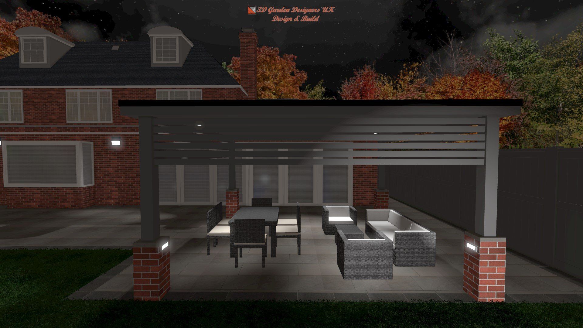 A computer generated image of a house with a patio area