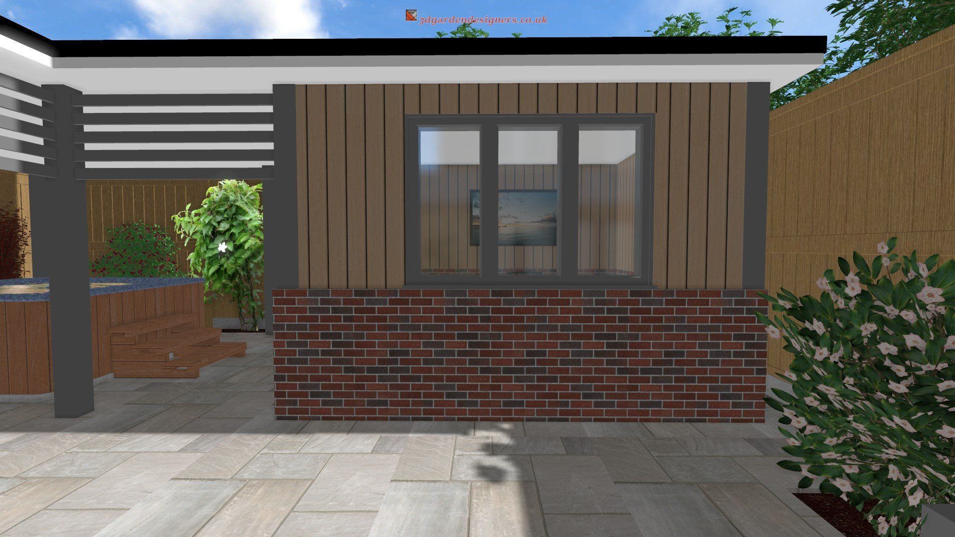 A computer generated image of a house with a brick wall and a large window.