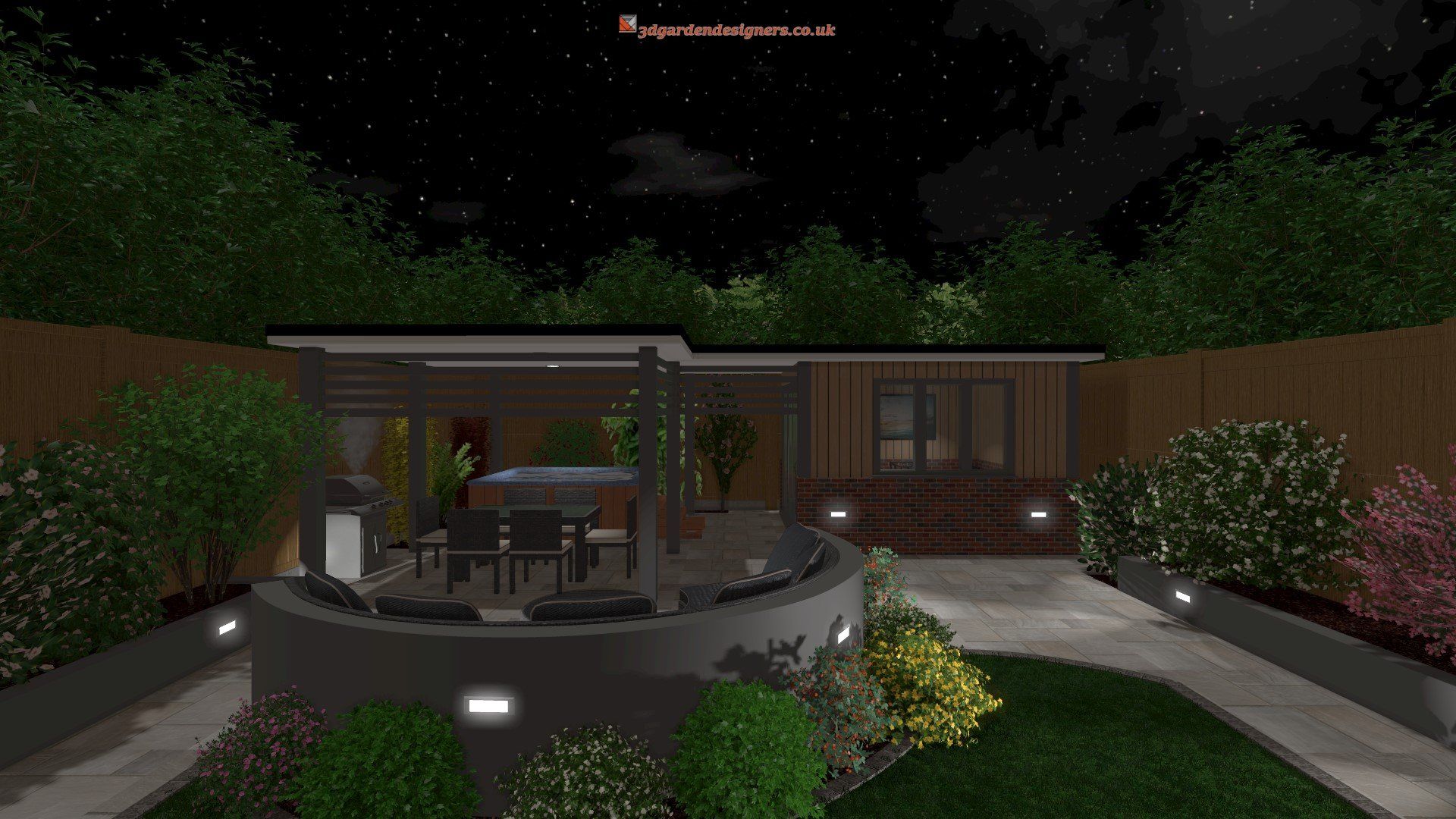 A 3d rendering of a backyard at night with a hot tub.