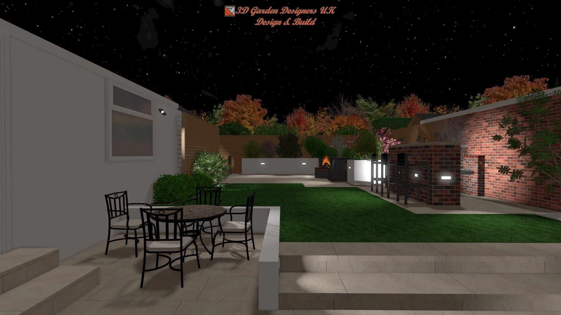 A computer generated image of a backyard with a table and chairs at night.
