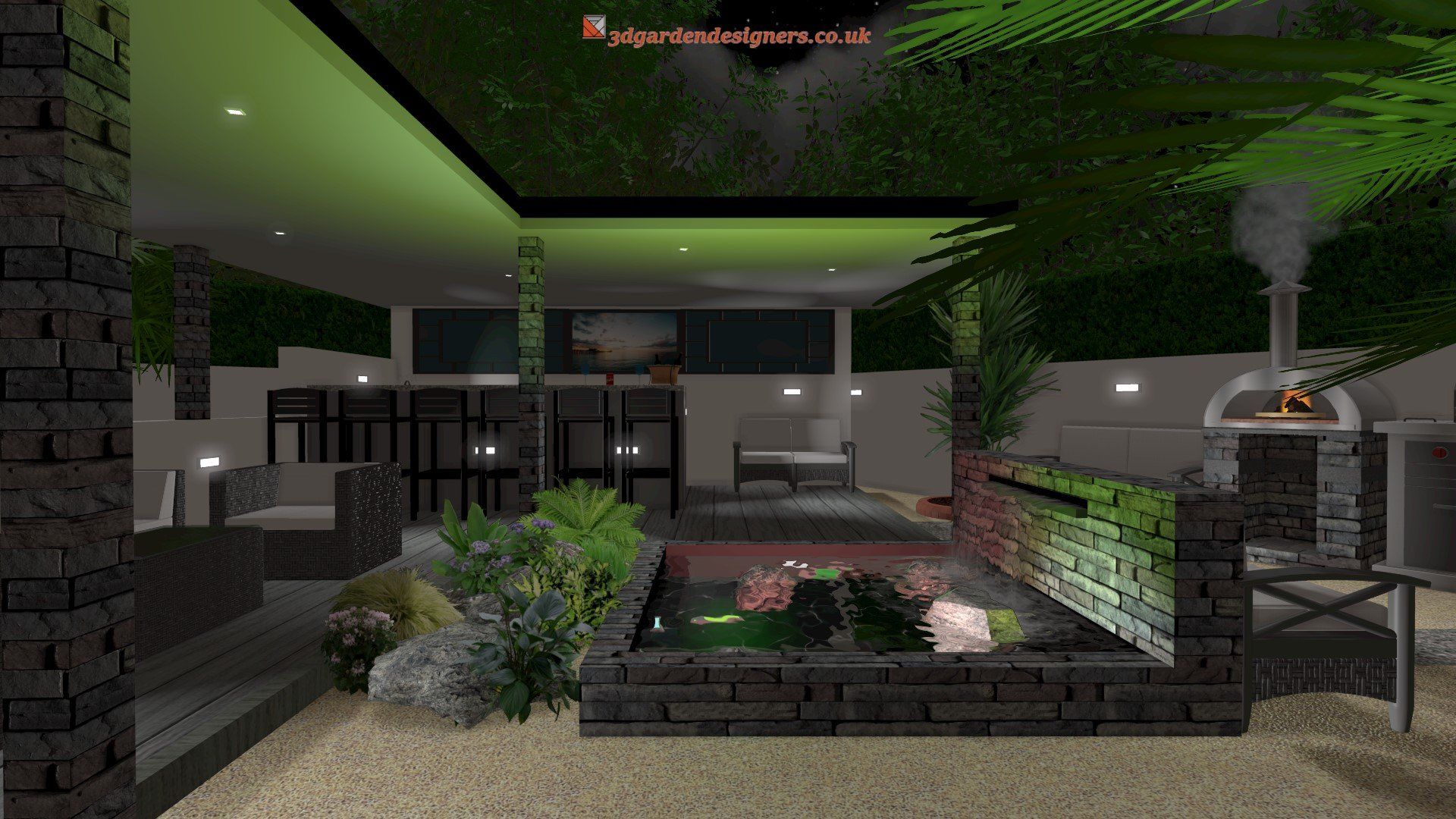 garden designs online A computer generated image of a backyard with a pond and a pizza oven.
