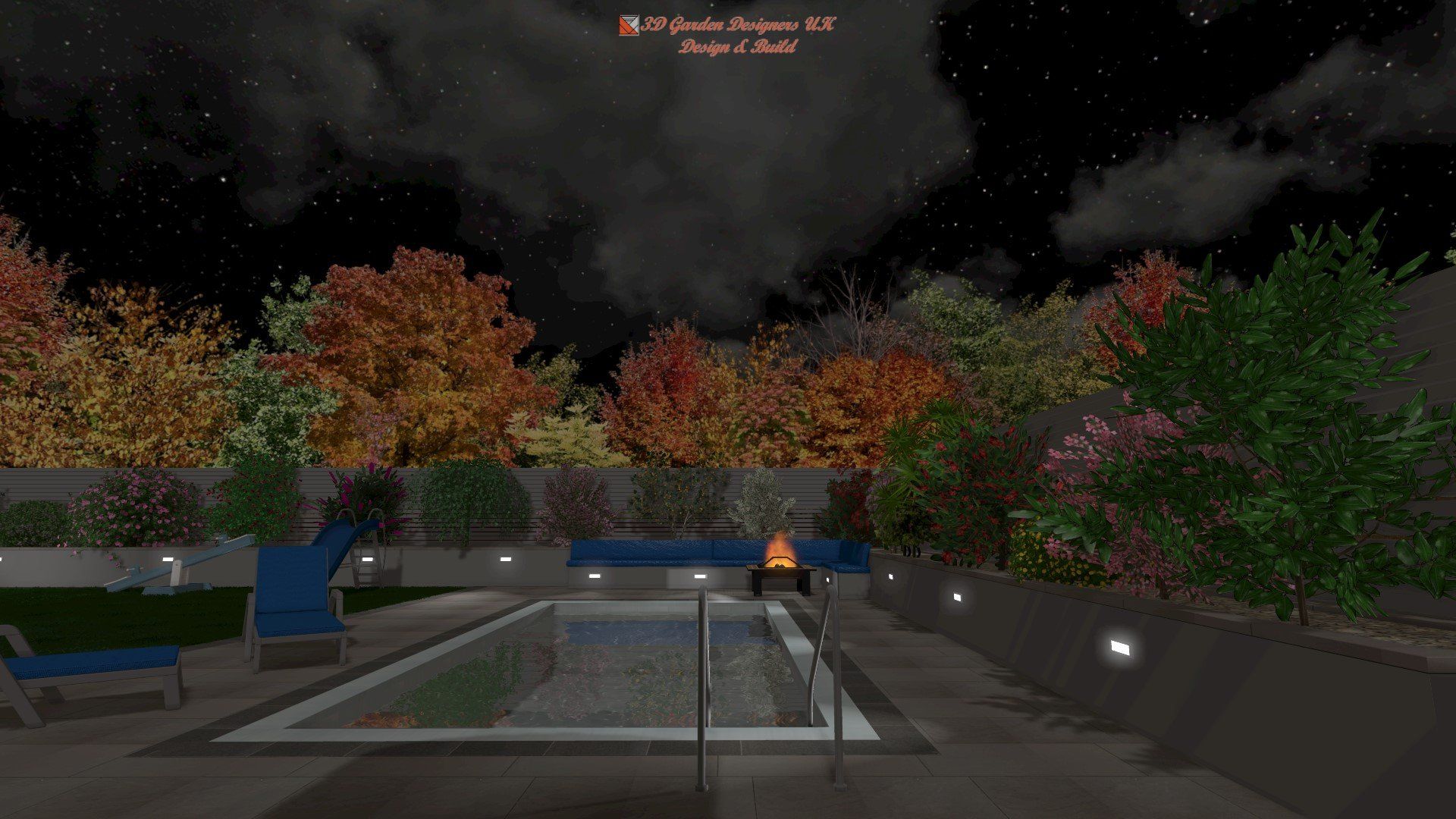 A computer generated image of a swimming pool at night surrounded by trees.