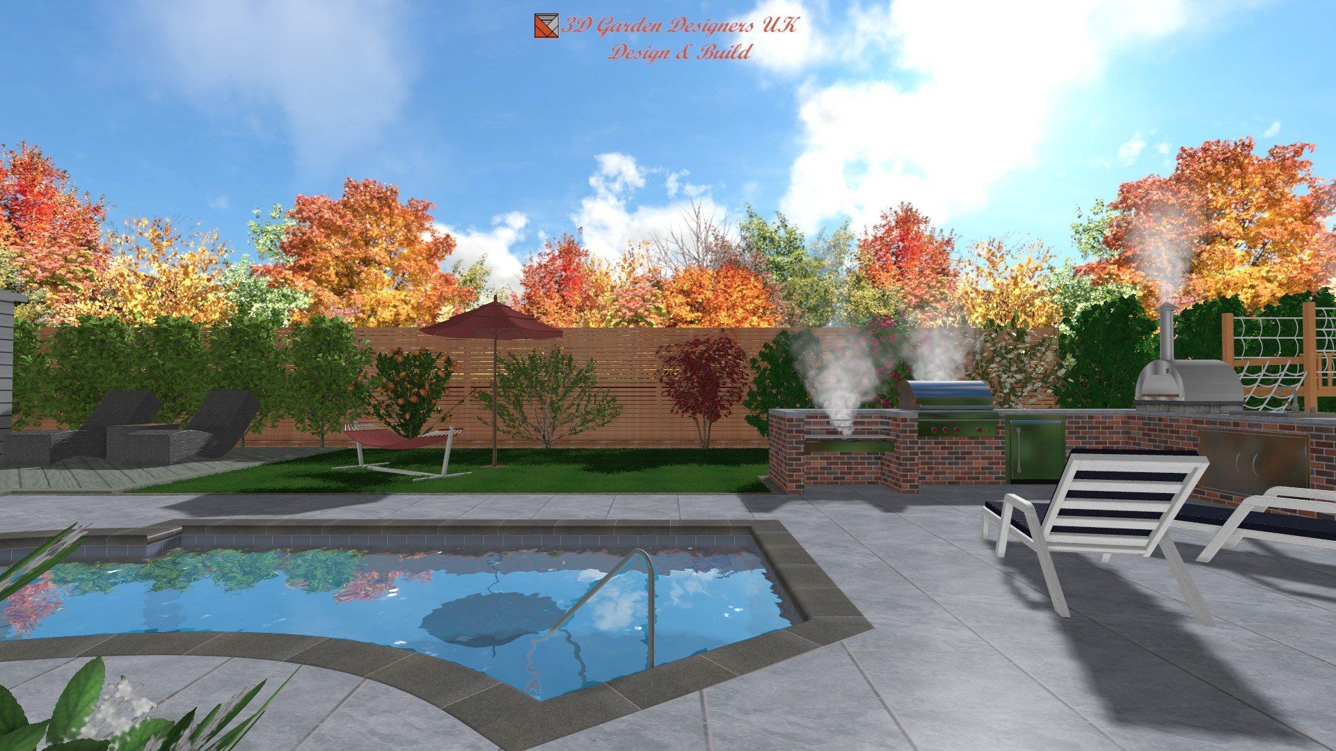 A computer generated image of a backyard with a swimming pool and chairs.