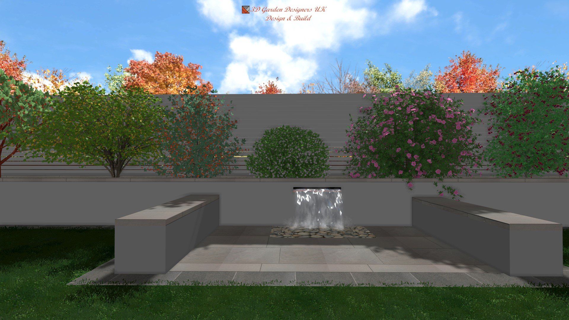 A computer generated image of a garden with trees and a fountain