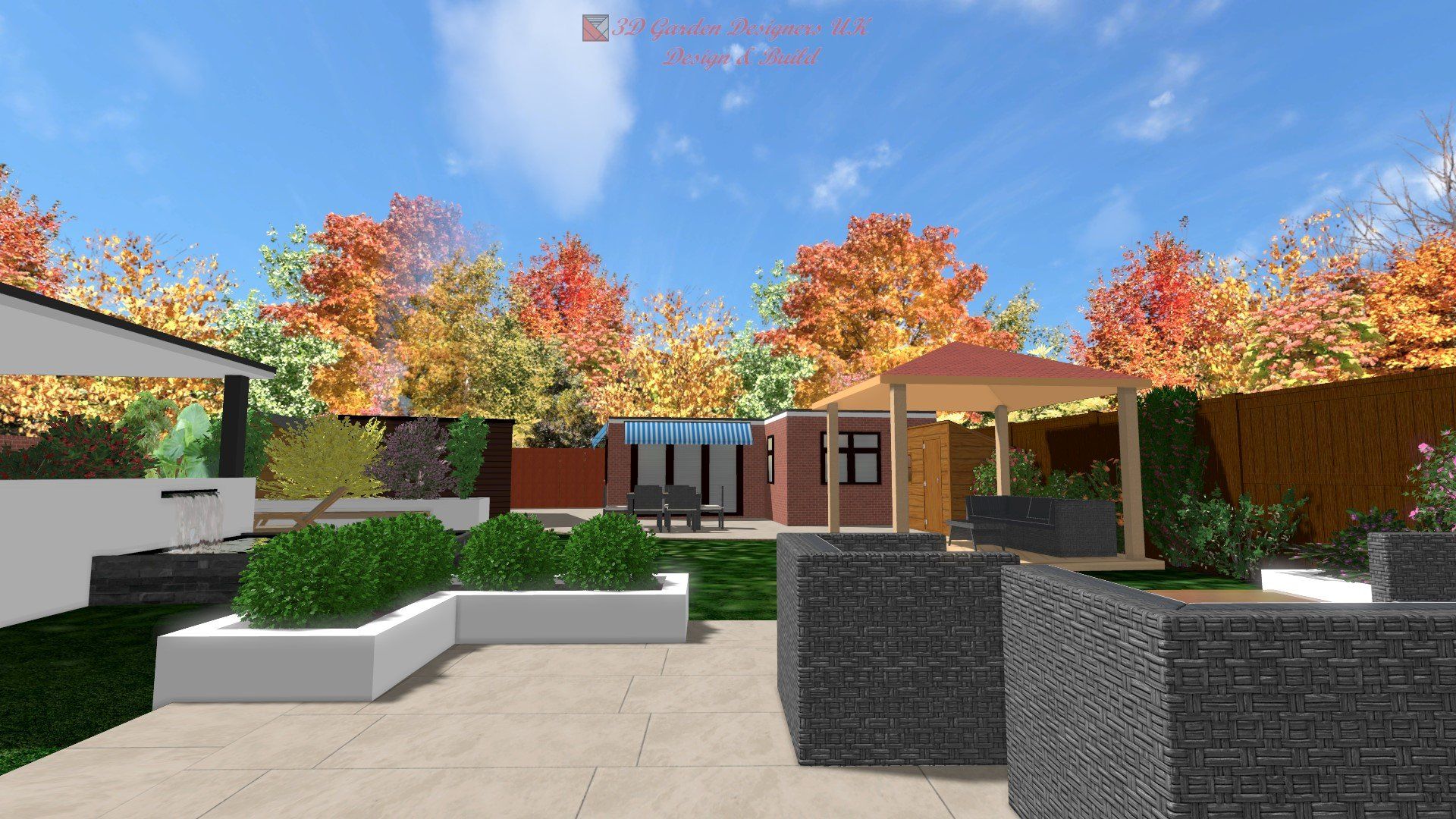 A computer generated image of a garden with a gazebo and a house in the background.