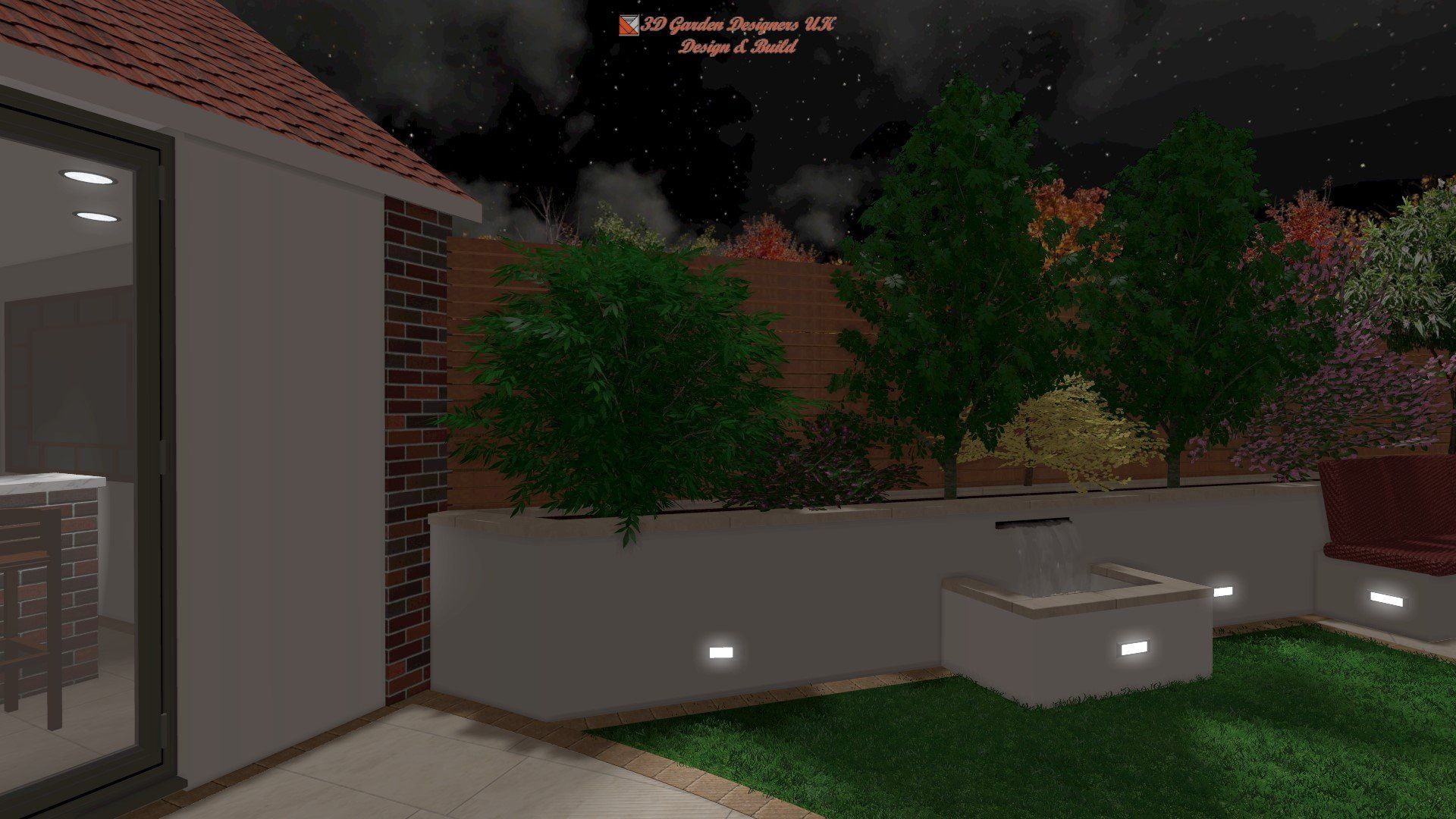 A computer generated image of a garden at night with a house in the background.