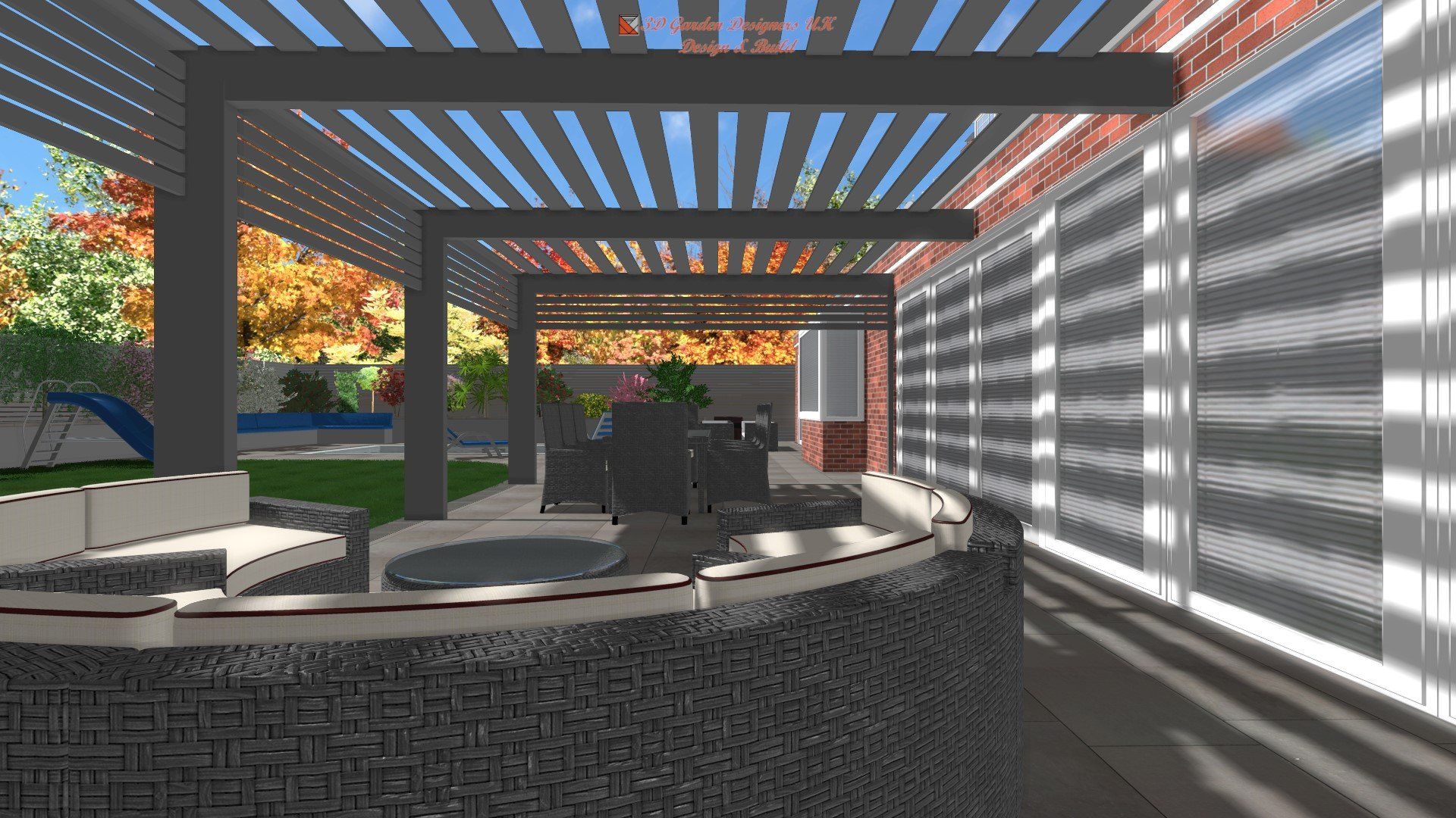 A computer generated image of a patio area with a hot tub under a pergola.