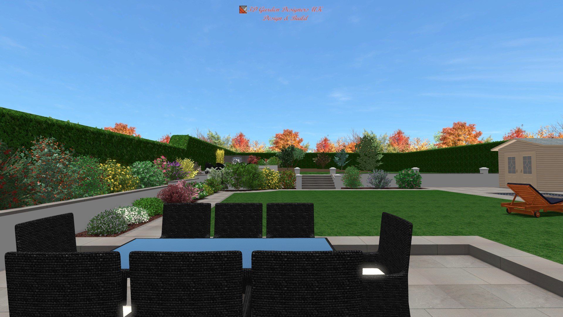 A computer generated image of a backyard with a table and chairs