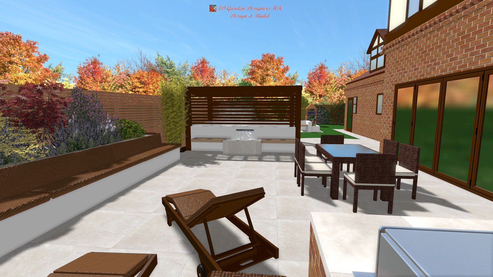 A computer generated image of a patio with a table and chairs