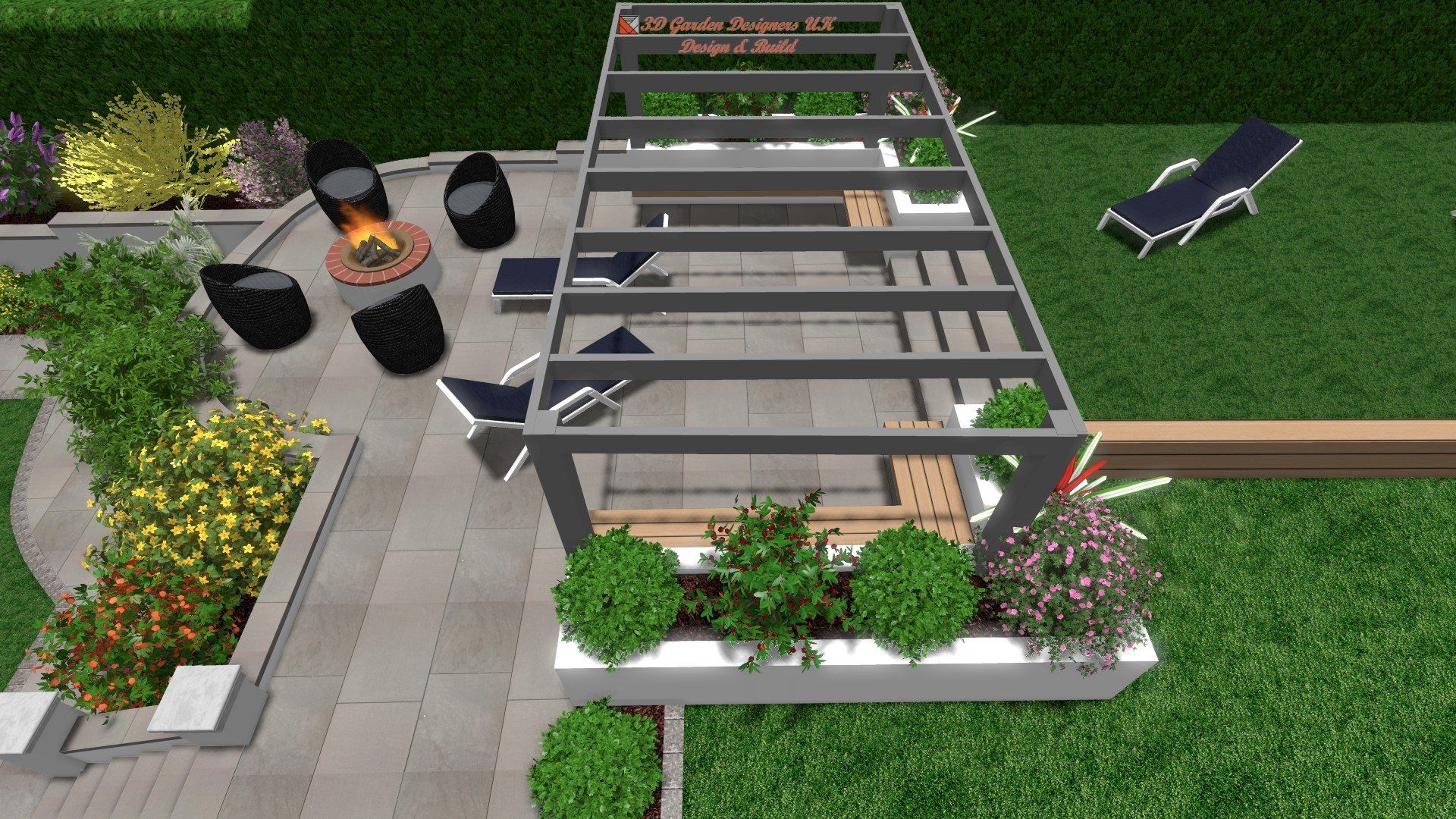 An aerial view of a patio with a pergola and a fire pit.