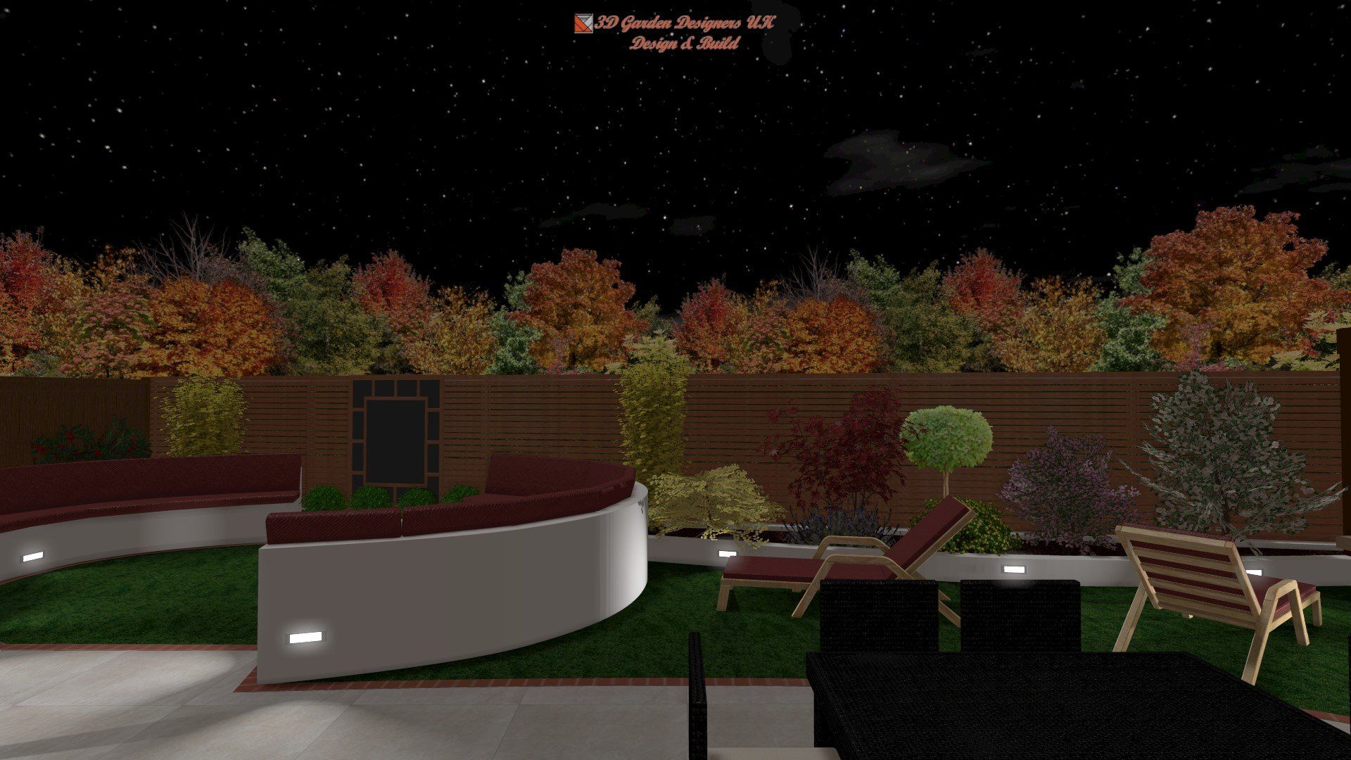 A computer generated image of a garden at night