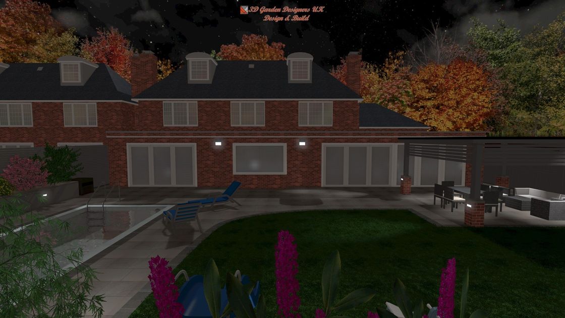 A computer generated image of a brick house at night