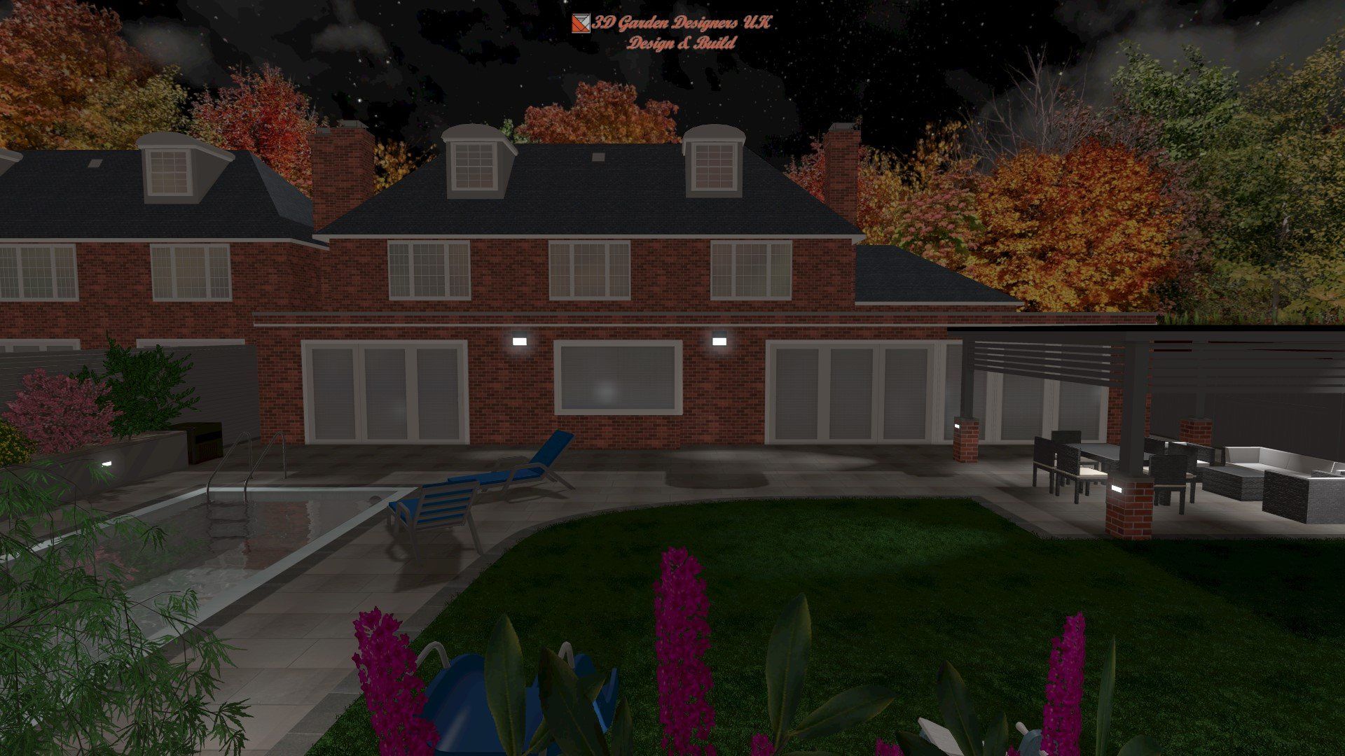 A computer generated image of a brick house at night