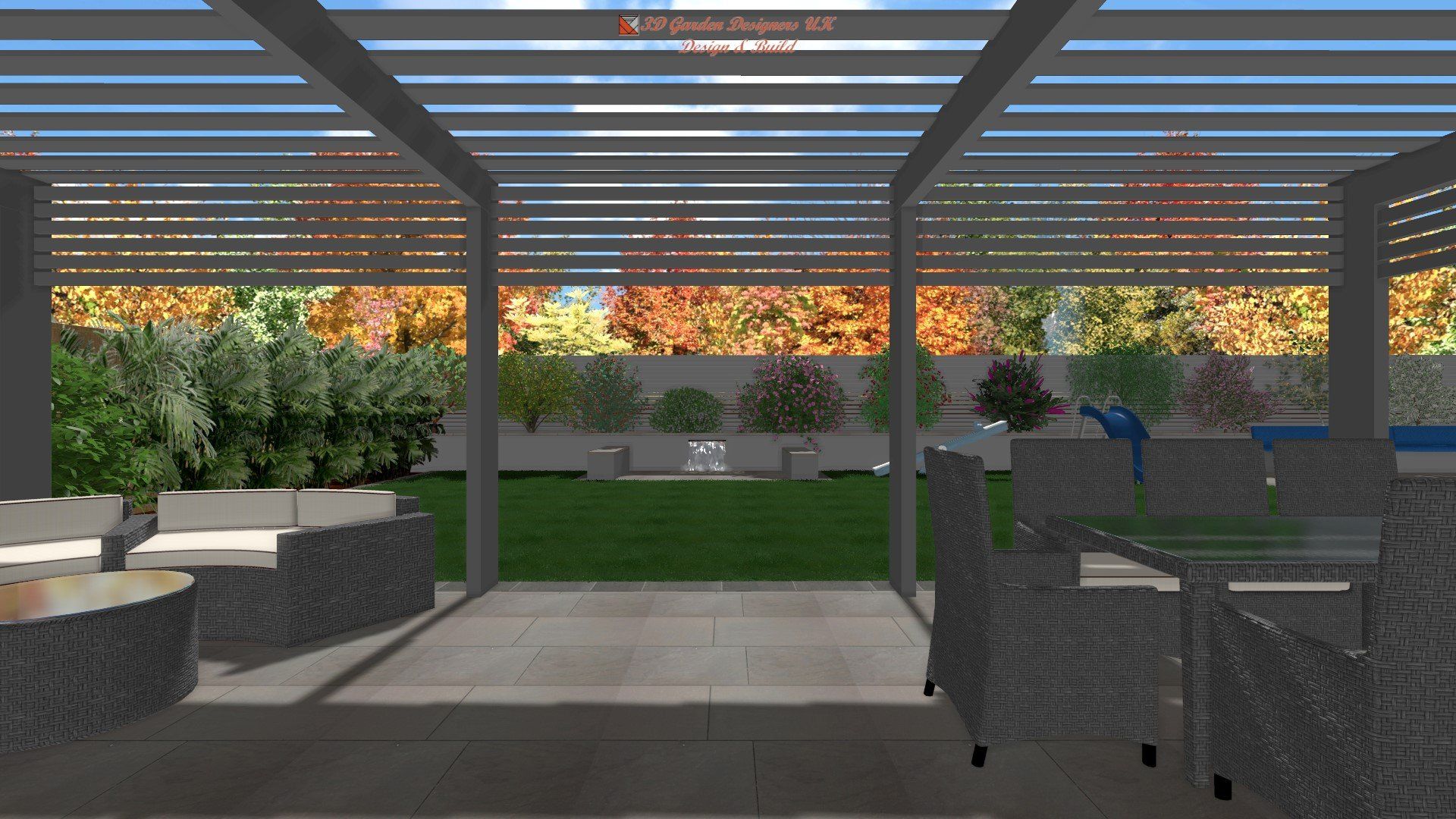 A computer generated image of a patio with a pergola and a table and chairs.