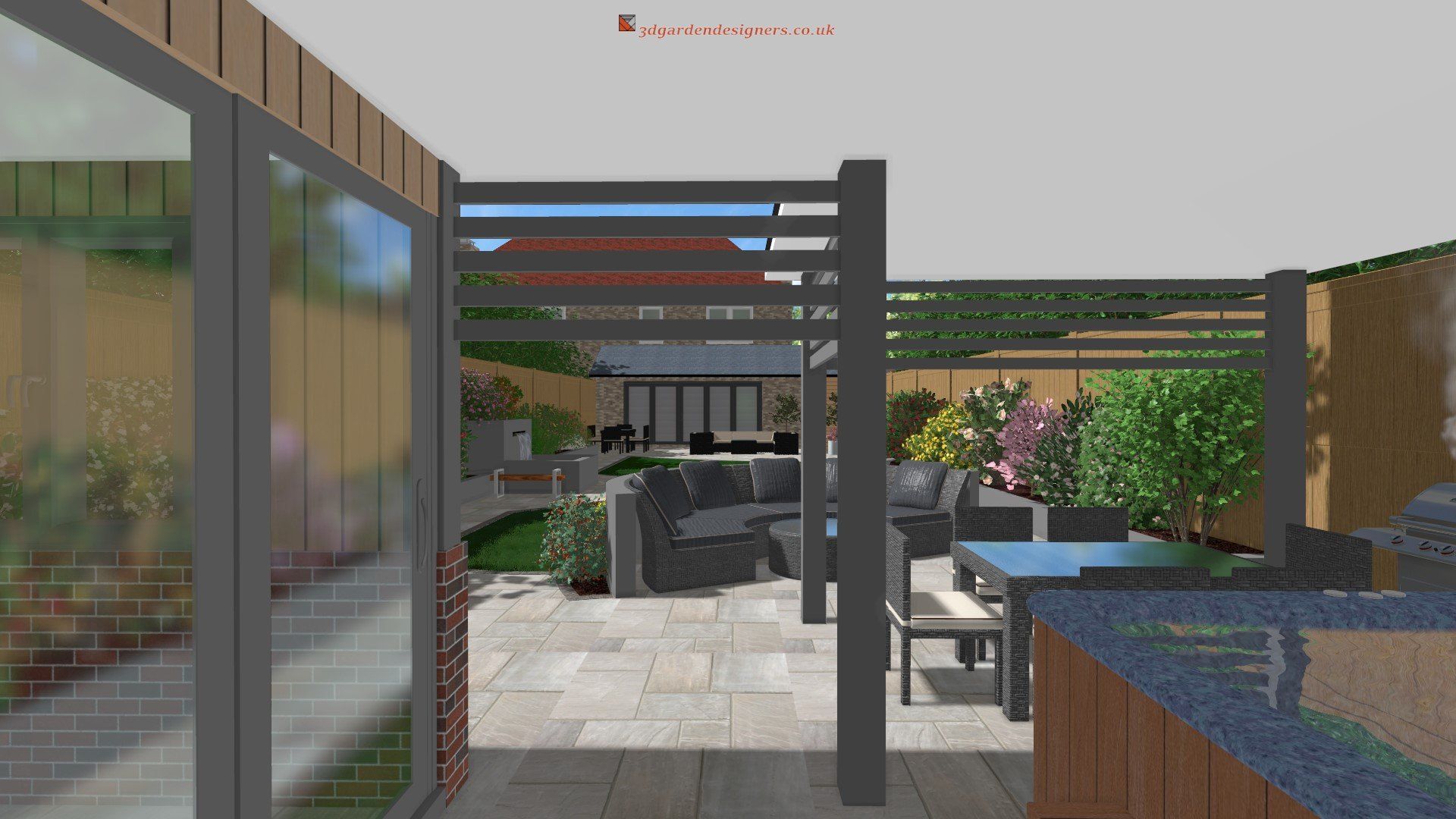 A computer generated image of a patio with a table and chairs.