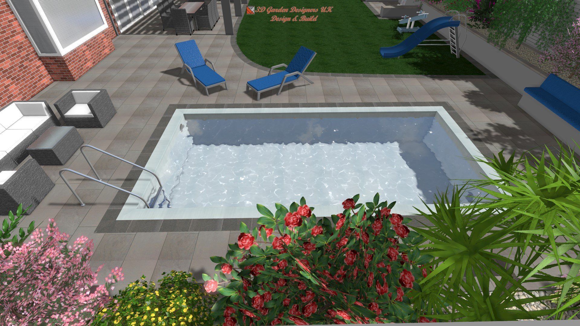 An aerial view of a swimming pool in a backyard
