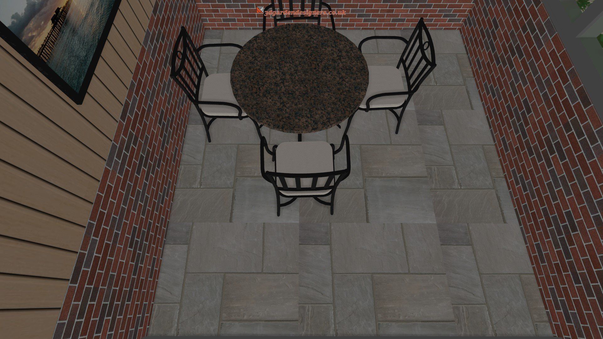 An aerial view of a patio with a table and chairs.