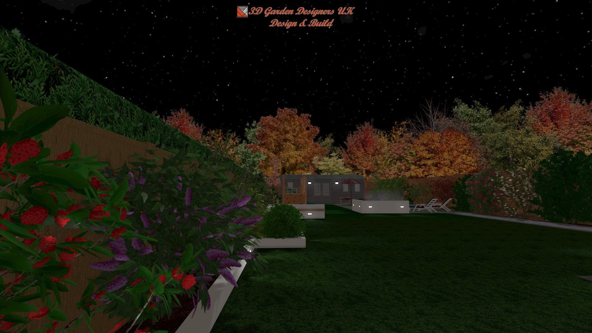 A computer generated image of a house and a garden at night.