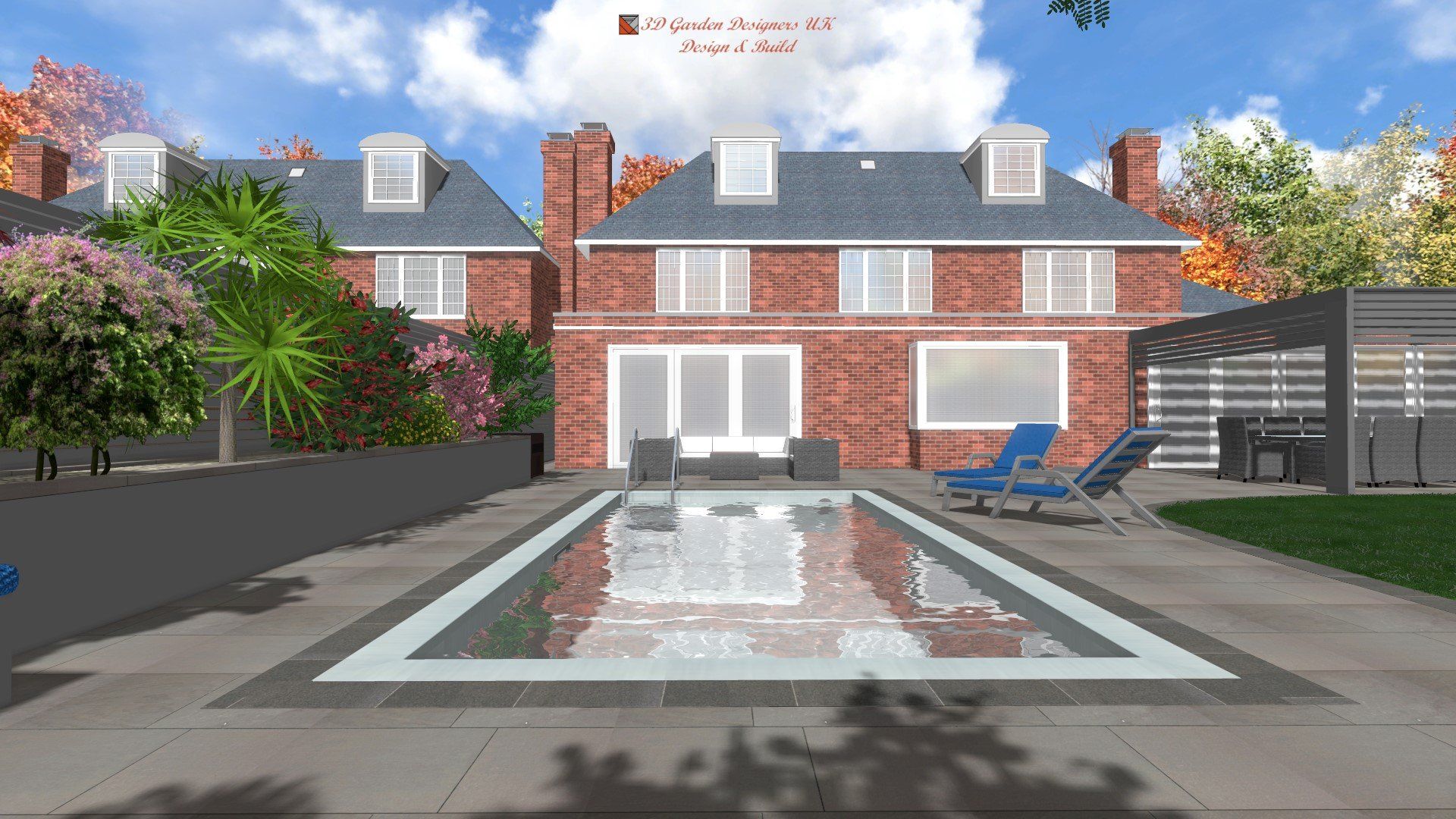 A large brick house with a large swimming pool in front of it.