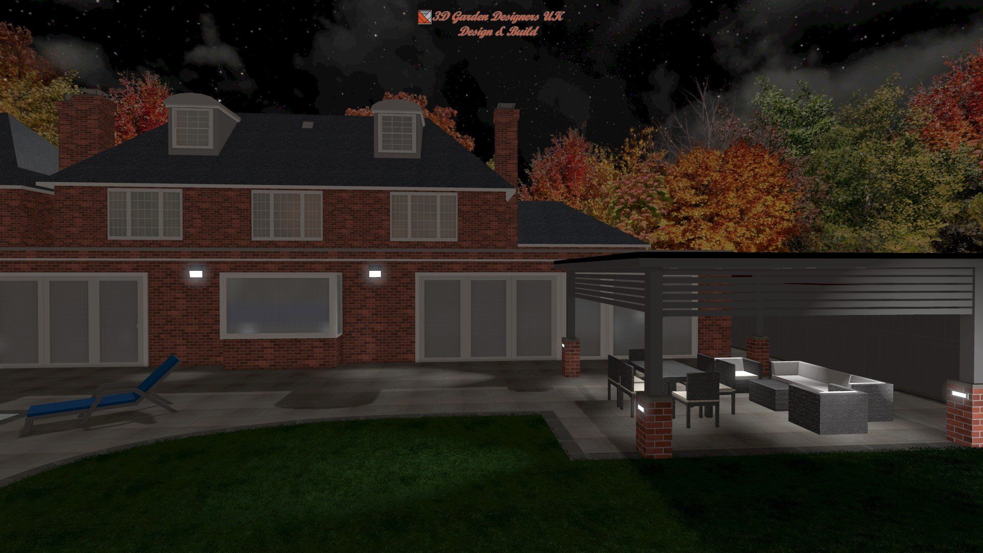A computer generated image of a brick house at night