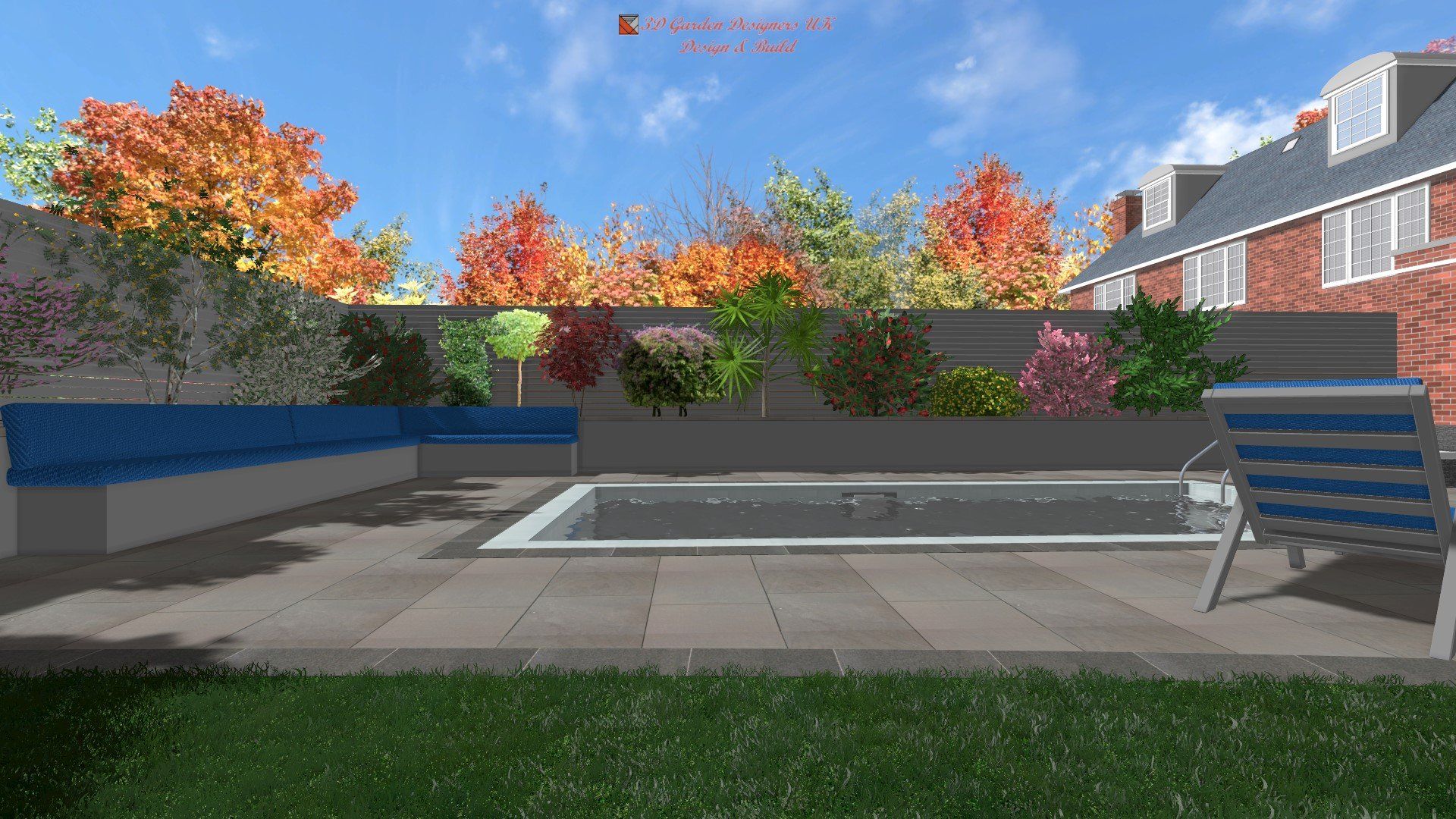 A computer generated image of a backyard with a swimming pool and chairs.