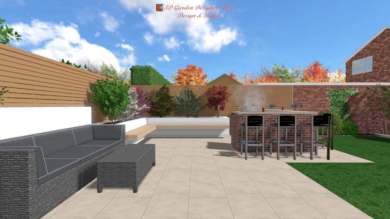 A computer generated image of a backyard with a couch and chairs