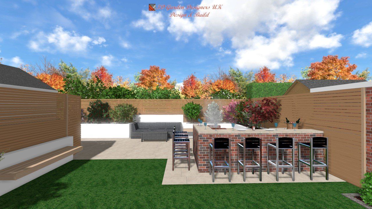 A 3d rendering of a backyard with a brick bar and stools