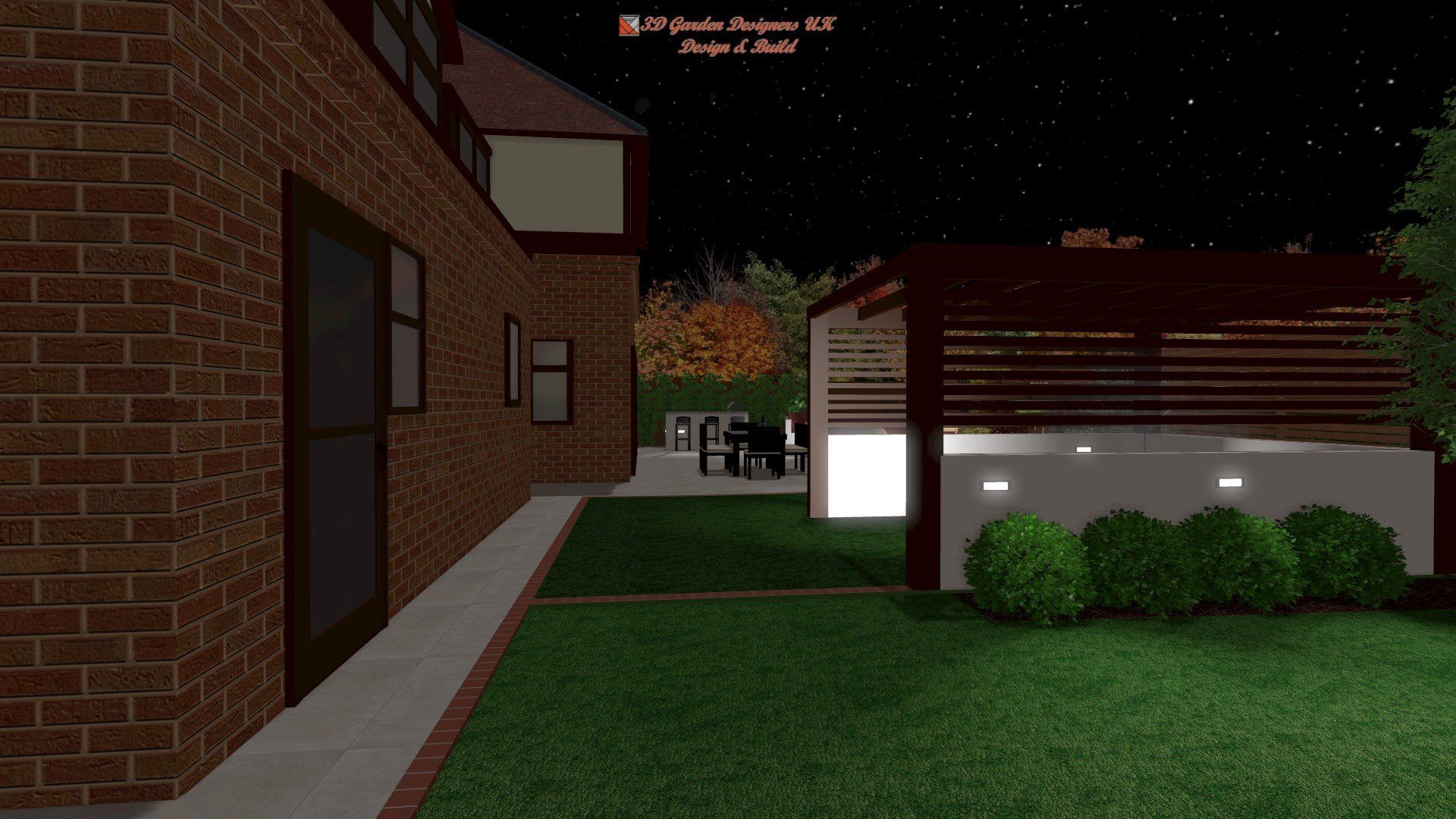 A computer generated image of a brick house at night