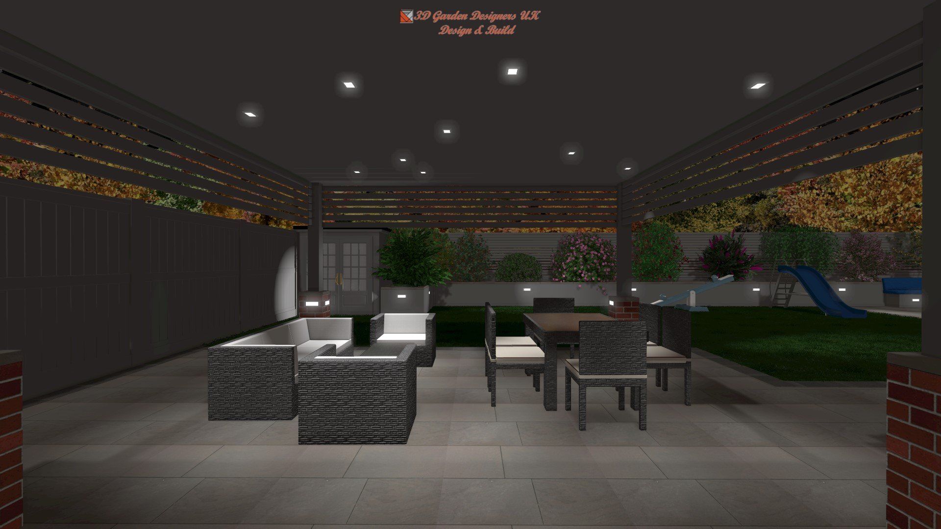 A computer generated image of a patio with a table and chairs