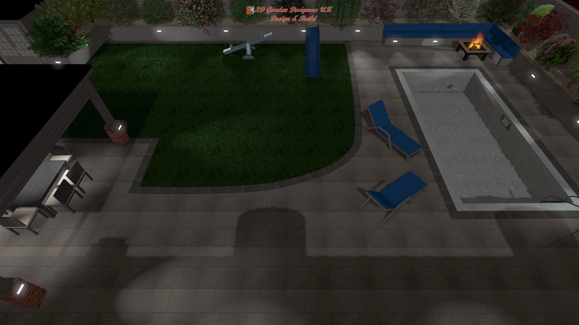 An aerial view of a backyard with a swimming pool