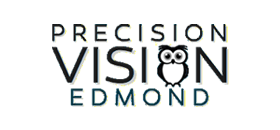 Precision Vision Edmond logo in black text with an owl inside the “O” of “VISION”
