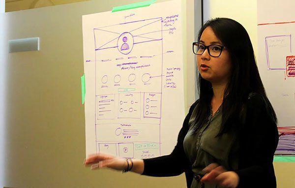 A woman is standing in front of a white board with a diagram on it.