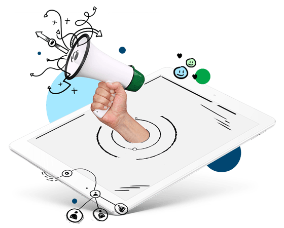 A hand is holding a megaphone in front of a tablet.