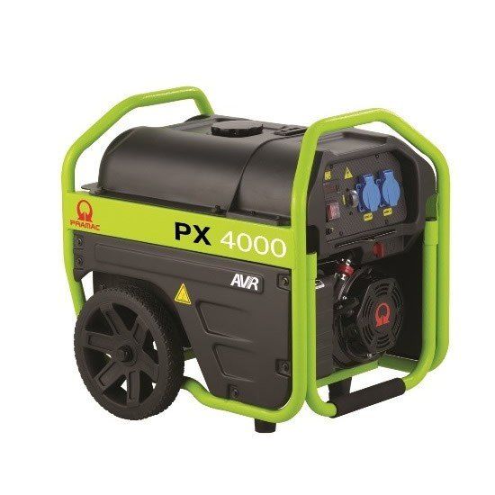 Generatore portatile Pramac PX 4000 a benzina verde e nero con ruote, maniglia e prese.