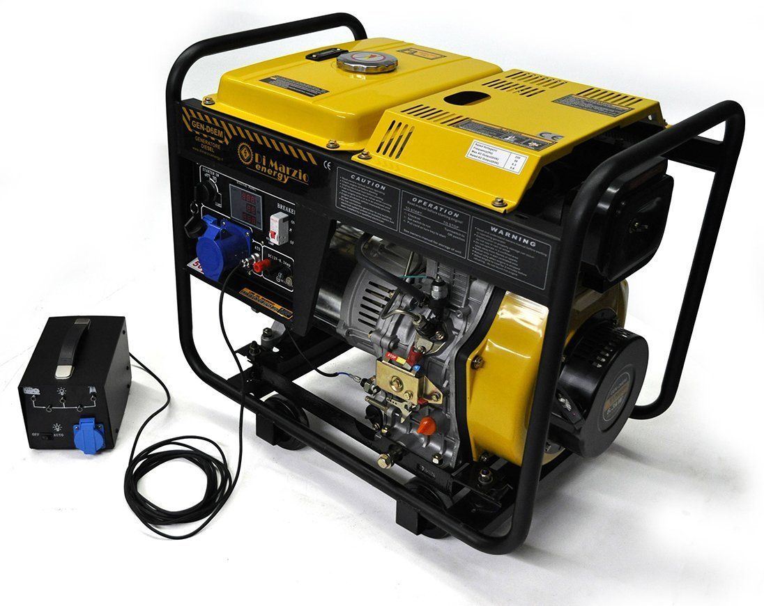 Generatore portatile giallo e nero con telaio nero e scatola di controllo collegata.