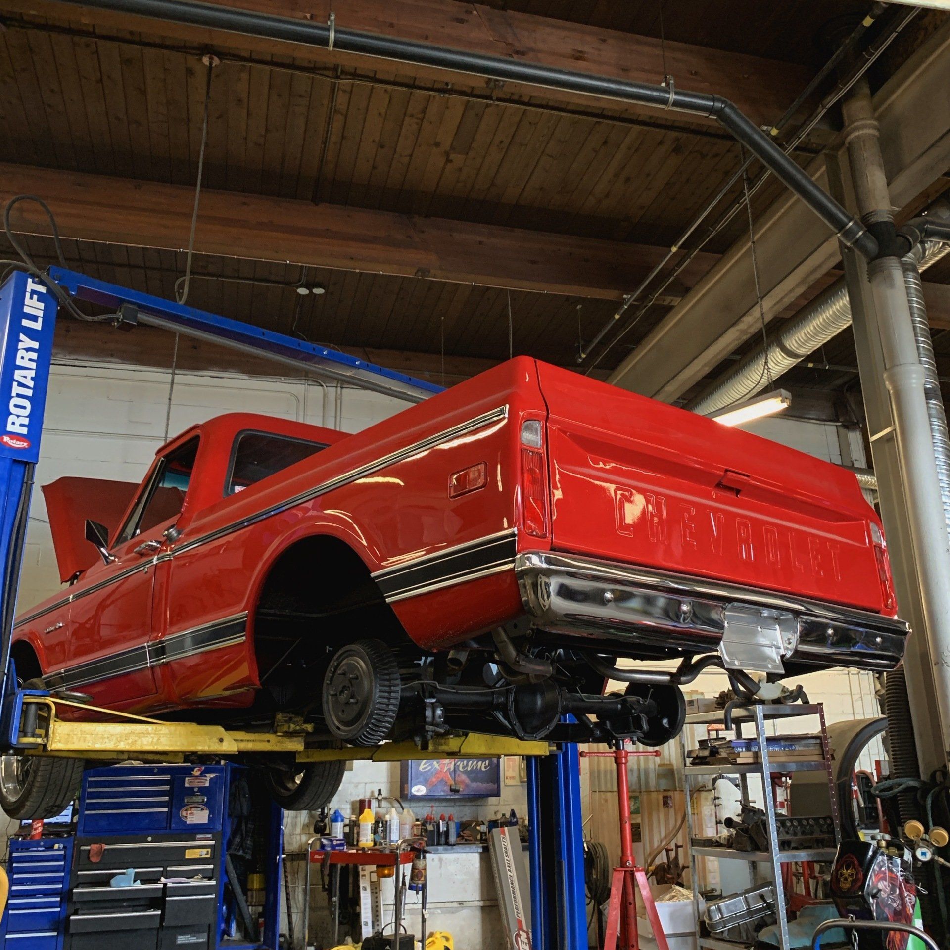 chevy c10 getting worked on  at lakeview automotive