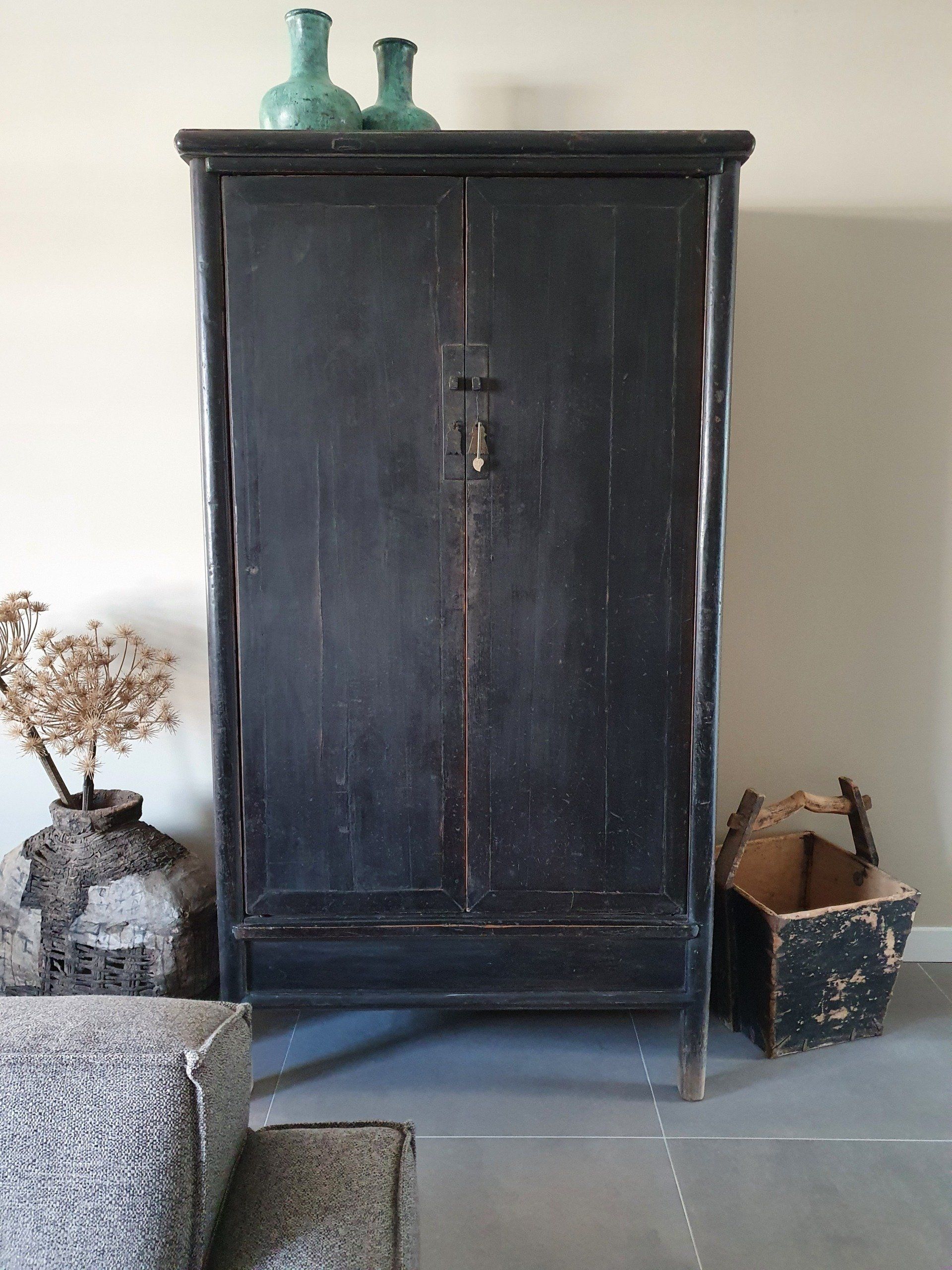 Dichte oude Chinese bruidskast zwart Elm hout