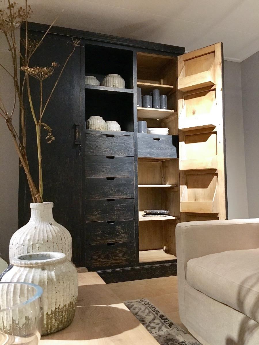 Open opbergkast met lades en deuren, zwart Chinees Elm hout
