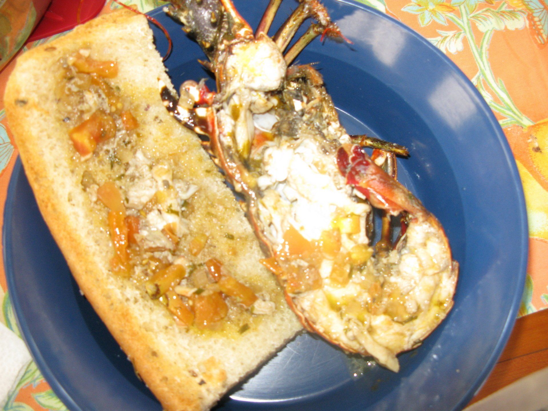 A blue plate with a piece of bread and a lobster on it