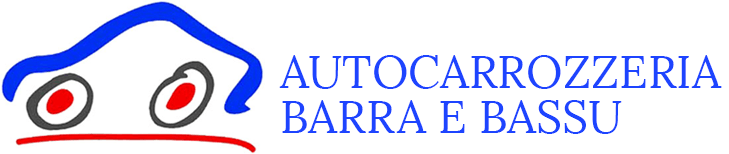 Logo dell'Autocarrozzeria Barra e Bassu con sagoma stilizzata di un'auto blu e ruote rosse