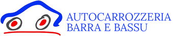 Logo dell'Autocarrozzeria Barra e Bassu con sagoma stilizzata di un'auto blu e ruote rosse
