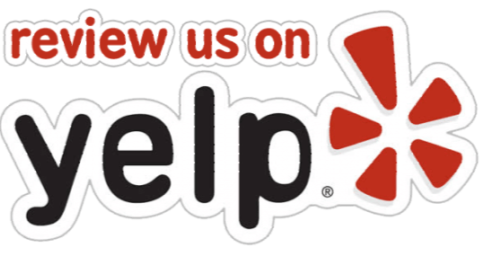 “Review us on Yelp” logo with black text and red Yelp burst icon