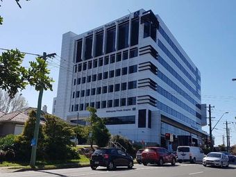 Modern white office building on a sunny street with parked cars and trees
