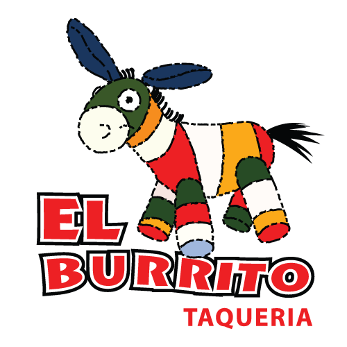 The logo for el burrito taqueria shows a stuffed donkey