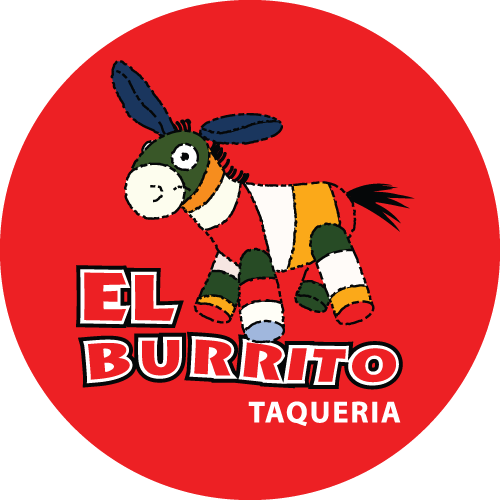 El burrito taqueria logo with a donkey on a red background