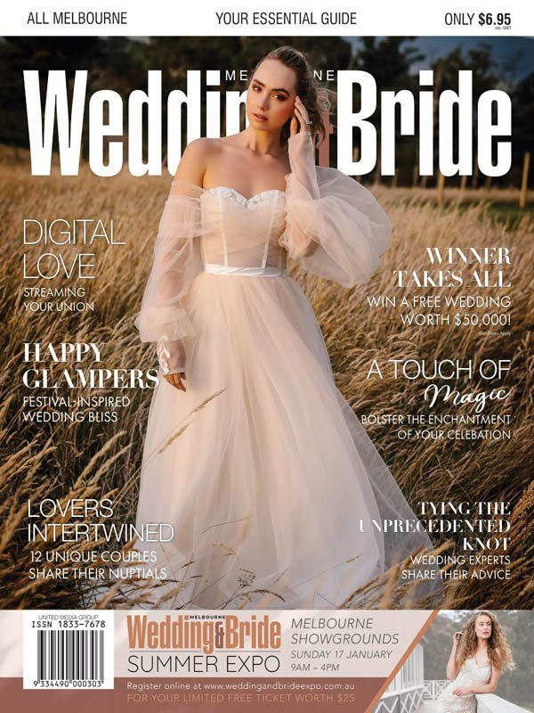 A woman in a wedding dress is on the cover of a wedding bride magazine.