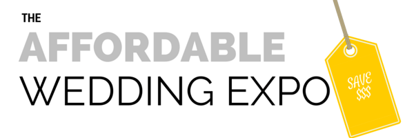 A logo for the affordable wedding expo with a yellow tag