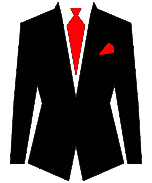 A black suit with a red tie and pocket square