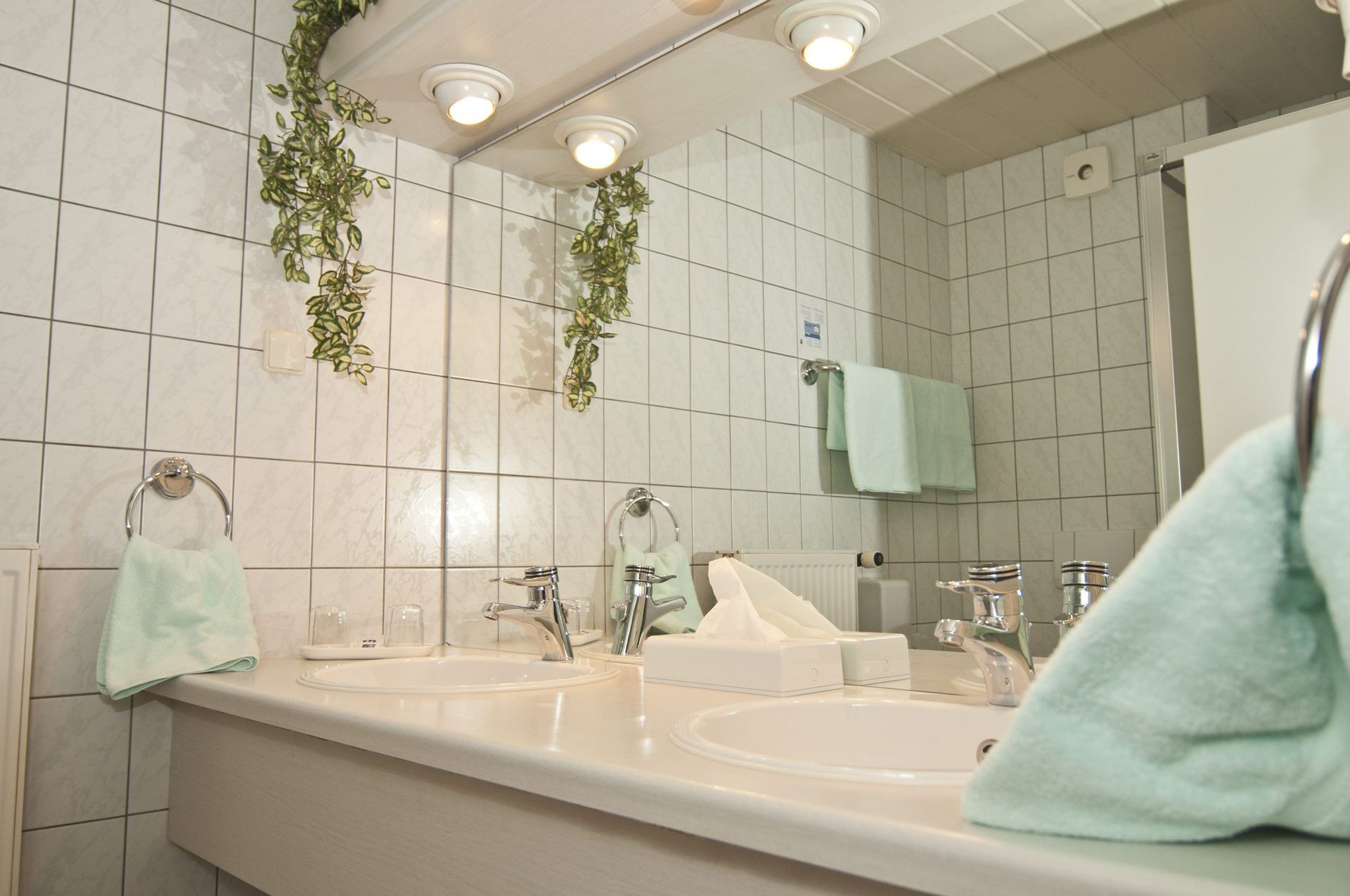 Ein Badezimmer mit zwei Waschbecken und einem Spiegel.